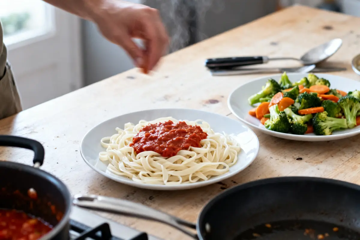 Préparation de pâtes avec légumes, recette pour personne qui n'aime rien, sur table en bois