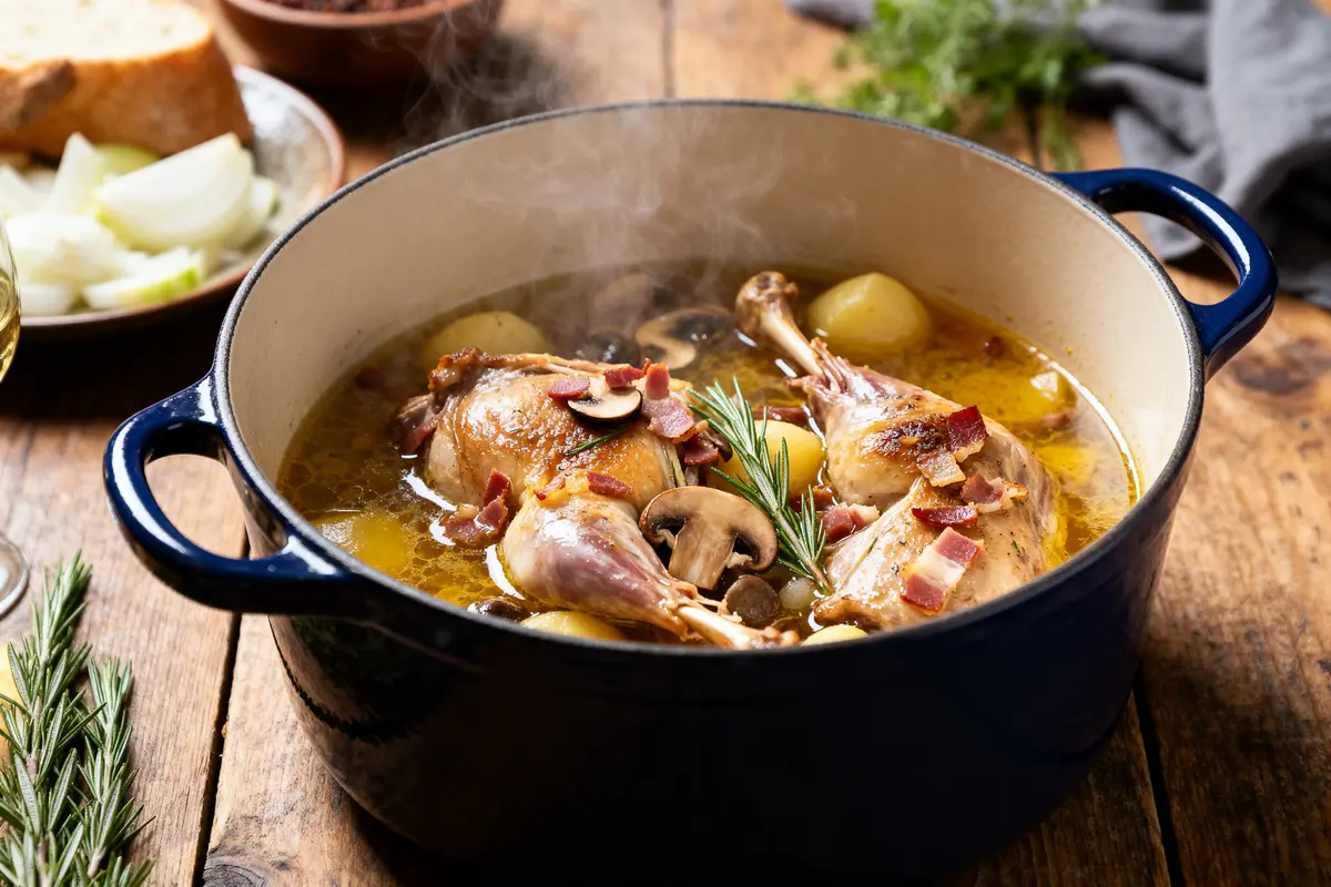 Lapin en cocotte minute : Recette rapide au vin blanc fondant
