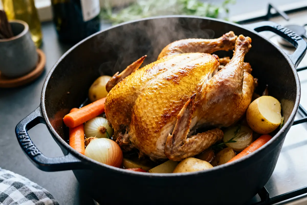 Pintade dorée avec légumes, idéale pour temps de cuisson pintade 1 kg 500 en cocotte